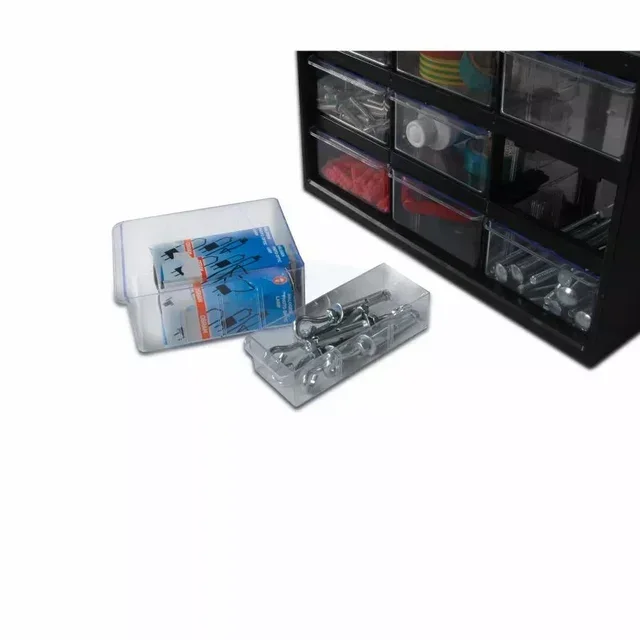 Black polypropylene storage cabinet with 39 modular compartments 1-93-981