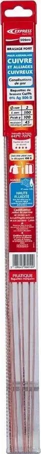 Baguette brasure cuivre-phosphore 6% argent Ø2mm L500mm 100g canalisation gaz