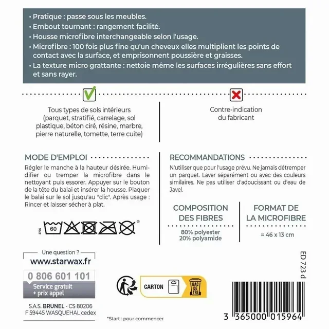 BalaiStart Scopa in Microfibra STARWAX 1596 - Kit Pulizia Pavimenti con Testa Rotante 360° e Manico Telescopico