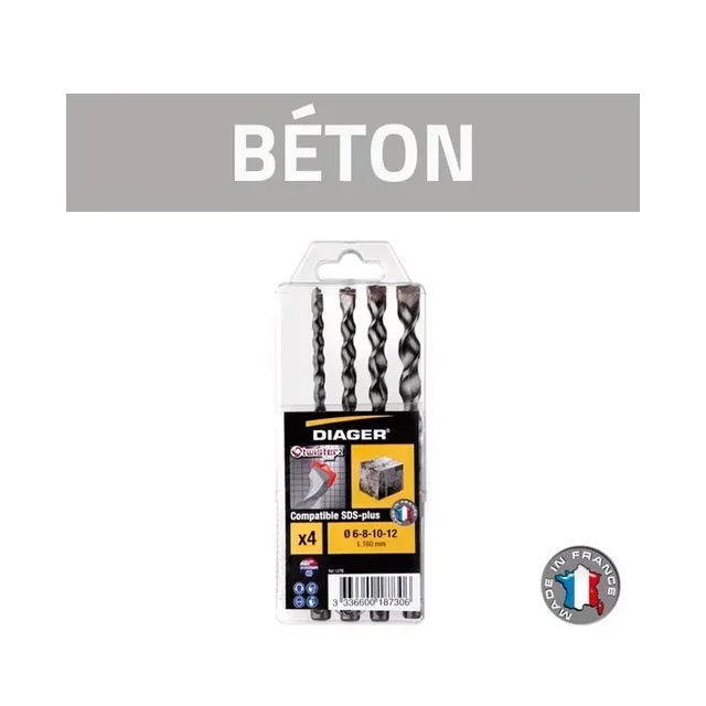 Coffret 4 mèches béton Diager SDS-plus Twister Plus 6-8-10-12 mm