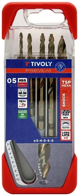 Coffret 5 forets métaux TIVOLY HSS Cobalt Ø3-8mm queue hexagonale perceuse visseuse