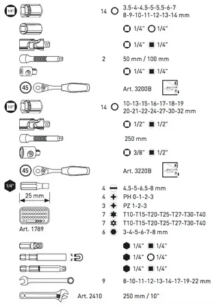 Valigetta Attrezzi KRAFTWERK 263 Pezzi Chiavi a Bussola 1/4" 1/2" Cricchetto Pro-Line