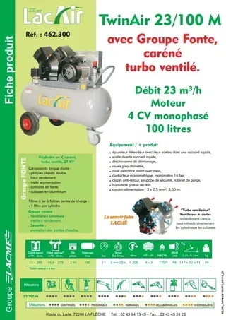 Compressore d'Aria LACME TwinAir 23/100M 23m³/h 11 bar 100L Monofase Compressore Portatile Officina