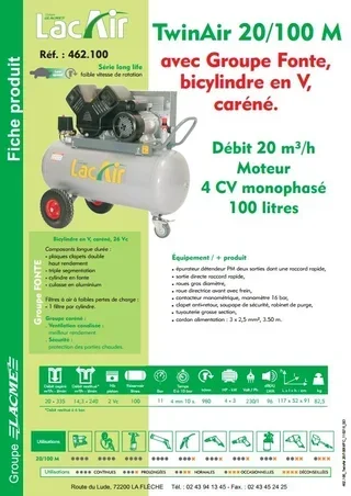 Compressore d'Aria Portatile LACME TwinAir 20/100M 100L 11 bar 20m³/h Compressore Mobile