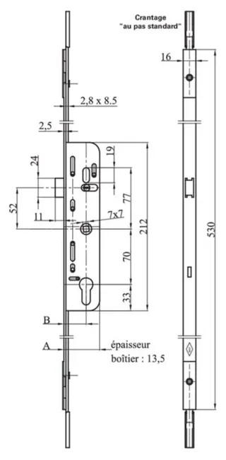 Crémone barillet F28 530 mm MAP réglable hauteur porte-fenêtre bois