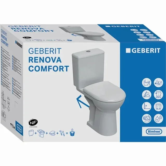 Pack Inodoro Geberit Renova Comfort de Suelo - Taza Rimfree 46cm con Cisterna de Doble Descarga