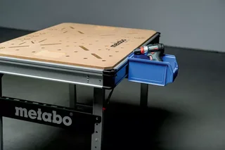 Établi mobile pliable MWB 100 Metabo - plateau MDF perforé - réf. 626991000
