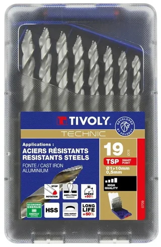 Jeu 19 forets métaux HSS TIVOLY 1-10 mm perçage acier aluminium bois