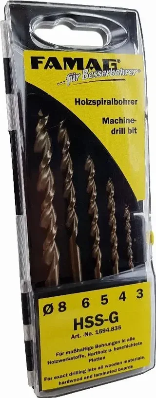 Jeu 5 mèches bois hélicoïdales HSS-G FAMAG 1594.835 coffret 3-8mm