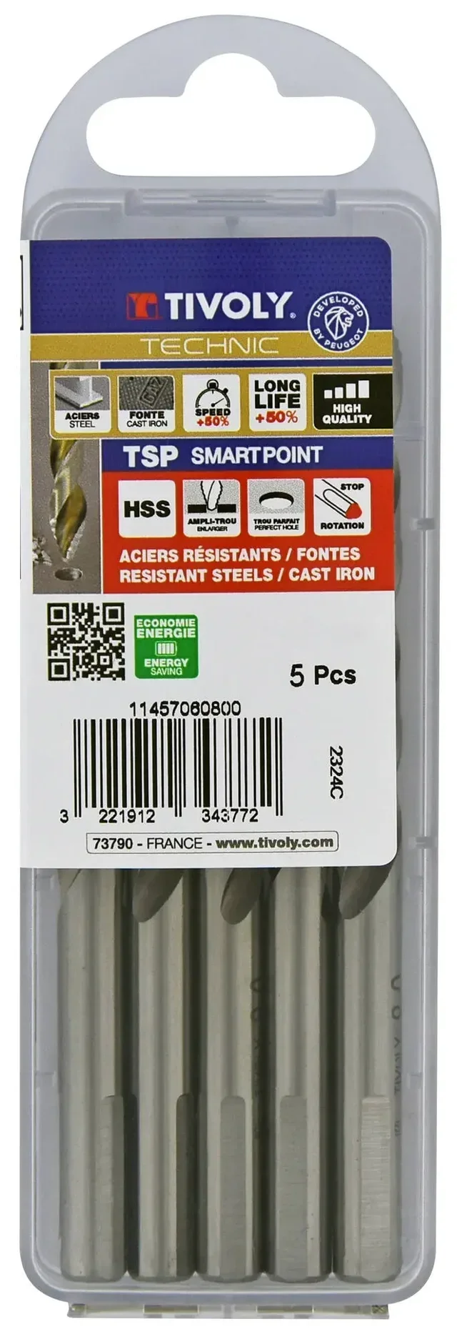 Jeu 5 forets métaux HSS TSP TIVOLY 1145706 - Perçage acier aluminium bois plastique