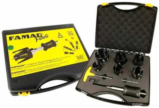 Juego de 6 Sierras de Corona Bi-Metal FAMAG Ø45-80mm con Adaptadores Hexagonales para Madera y Materiales