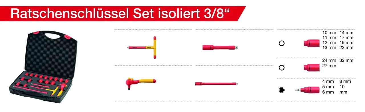 WIHA Isoliertes Ratschenschlüssel-Set 3/8" 21-teilig VDE 1000V - Ref. 43023
