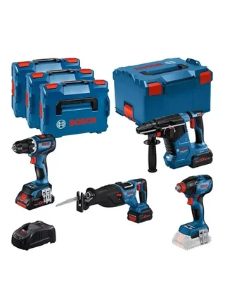 Kit 4 outils 18V Bosch Pro : perceuse, visseuse, perforateur, scie sabre avec batteries ProCore et coffrets L-Boxx