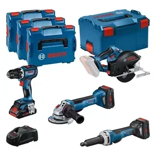 BOSCH 18V ProCore 4-teiliges Werkzeug-Set - Bohrschrauber, Winkelschleifer, Säbelsäge, Arbeitsleuchte mit Akkus und L-BOXX