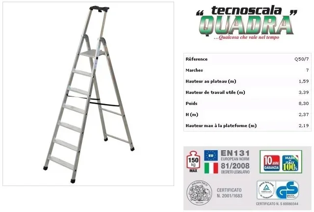 Marchepied aluminium pro 7 marches Q50/7 charge 260kg sécurité renforcée