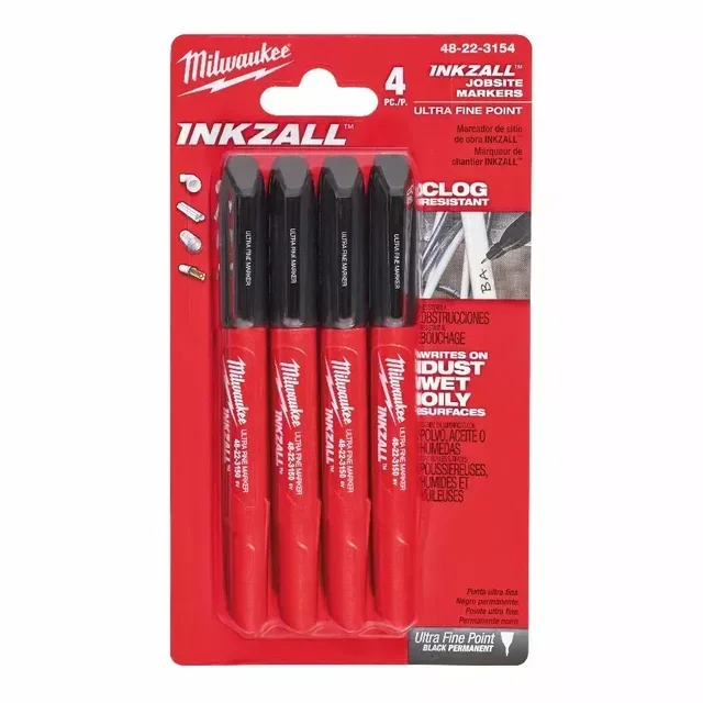 Milwaukee Inkzall Permanent Marker 4 Pack Ultra-Durable Tip Concrete Wood Metal