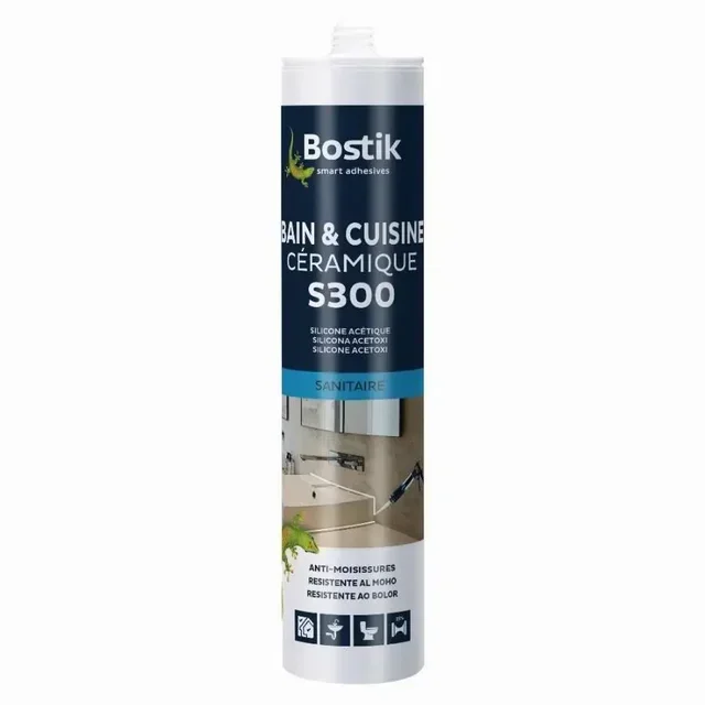 Mastic silicone acétique anti-moisissures BOSTIK S300 pour joint étanchéité bain cuisine céramique