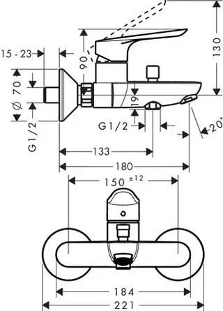 Mitigeur bain douche Hansgrohe Logis E chromé 2 sorties 180mm