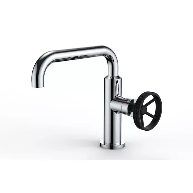 Grifo de Lavabo Estilo Industrial Cromado Caño Alto Cuadrado Mango Negro THERMADOR VAT15C