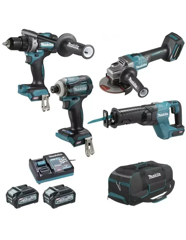 Kit 4 utensili Makita XGT 40V: trapano, smerigliatrice angolare, tassellatore, seghetto alternativo con batterie 4Ah