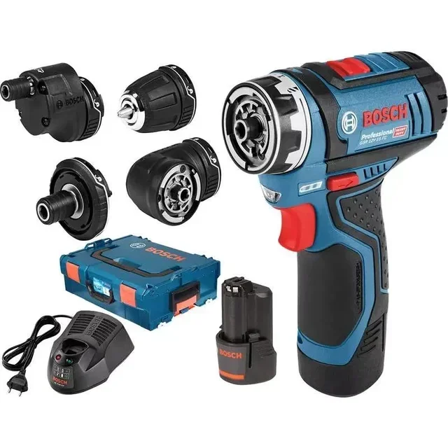 Perceuse-Visseuse Bosch GSR 12V-15 FC FlexiClick 5 en 1 avec 2 batteries 2.0Ah et 4 accessoires interchangeables