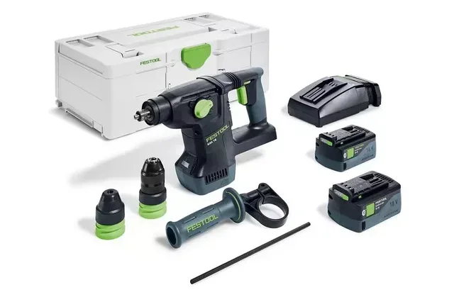 Perforateur-burineur sans fil FESTOOL KHC 18 5,0 EBI-Plus avec 2 batteries 18V 5.0Ah, chargeur rapide TCL 6, mandrins SDS-Plus et serrage rapide, poignée anti-vibration, butée de profondeur, Systainer³ SYS3 L 187 - Réf. 577448