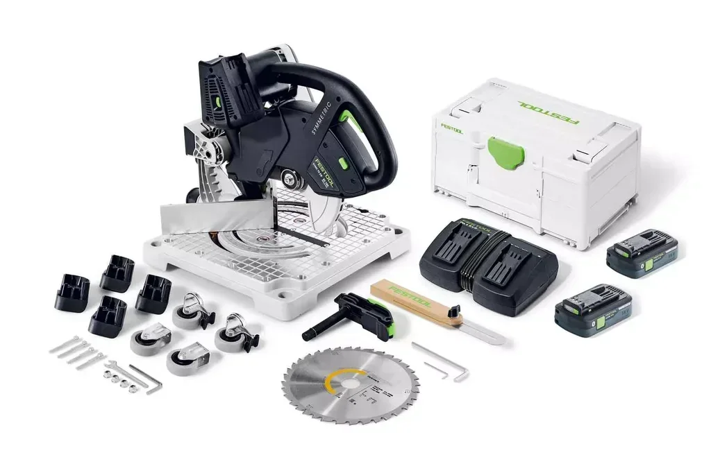 Ingletadora Festool SYMMETRIC SYMC 70 a Batería - Pack 2 Baterías 18V 4.0Ah, Inglete Integrado y Systainer