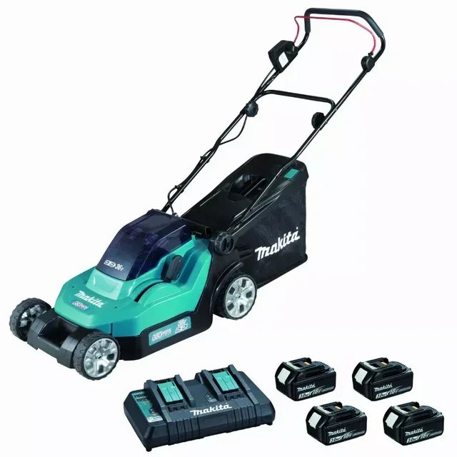 Tondeuse Makita 36V DLM382PF4 38cm 4 batteries 18V 3Ah chargeur double