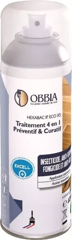 Traitement bois 4 en 1 OBBIA 400ml spray protecteur anti-champignons insectes xylophages