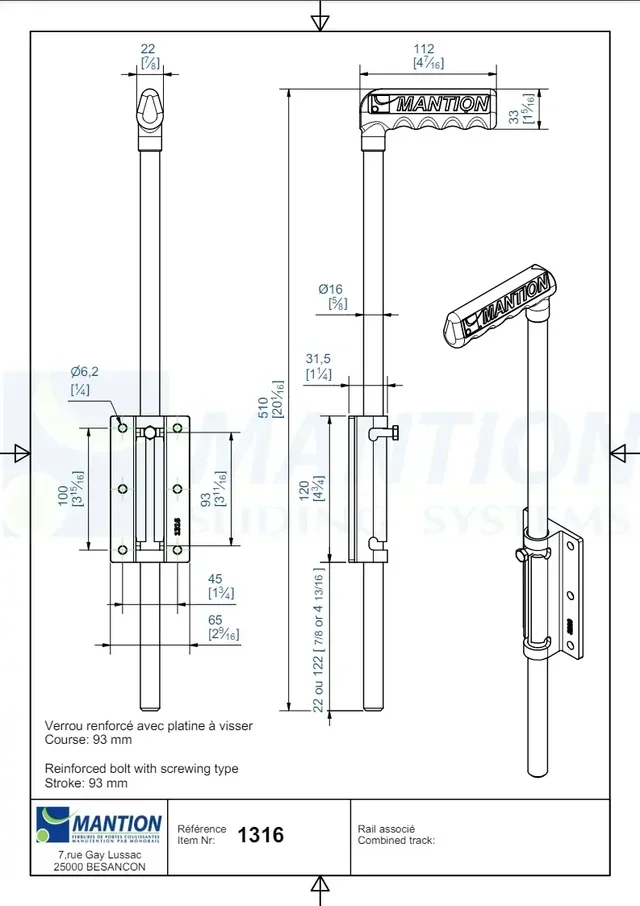 Verrou sécurité MANTION Ø16mm 500mm zingué modèle 1316