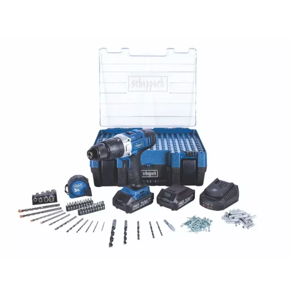 Perceuse à percussion 20V – SCHEPPACH – avec 2 batteries 20 V 2.0Ah – chargeur – Coffret d’accessoires – DTB-20ProS