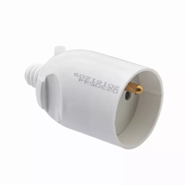 Fiche femelle 2P+T 16 ampères sortie câble droite ouverture à coiffe DEBFLEX Blanc – 713710