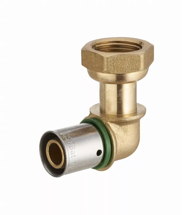 Coude à sertir profil TH pour tube PER NOYON & THIEBAULT – A visser femelle écrou libre F1/2′ (15×21) – Bague à sertir en inox – 3789
