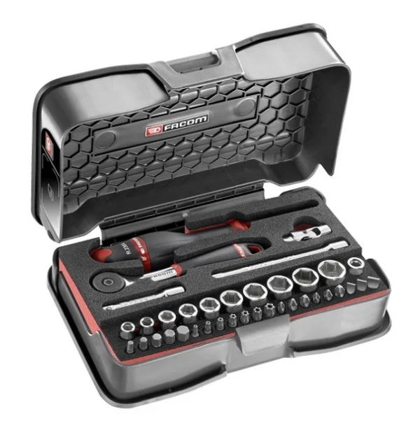 Coffret 37 pièces douilles 1/4″ 6 pans métriques + embouts + plateau mousse FACOM – R.161-6M6PB