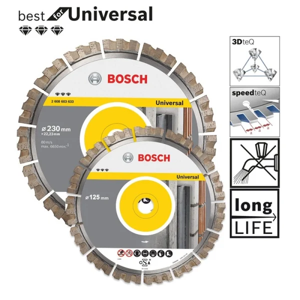 Lot de 2 disques diamant BOSCH Ø125 et 230 – Beton armé-Acier-Granit – 061599757K