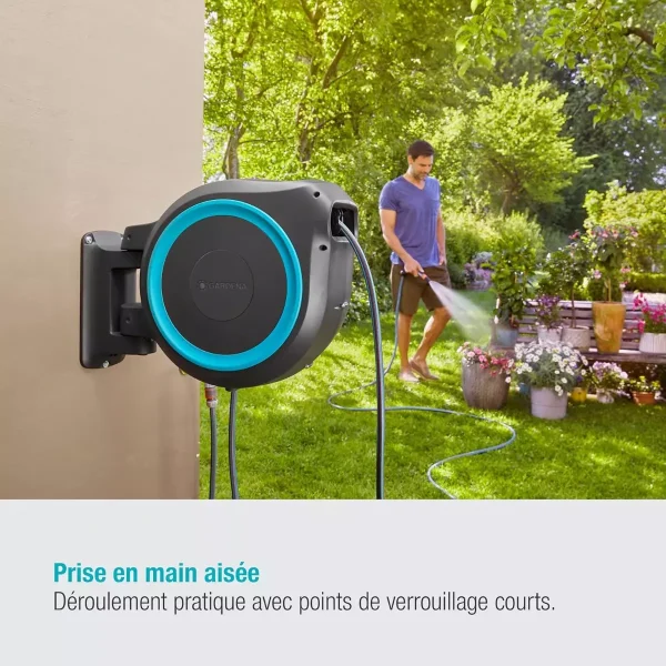 Dévidoir automatique mural RollUp M/L 25m – Liseré bleu – GARDENA – 18620-20