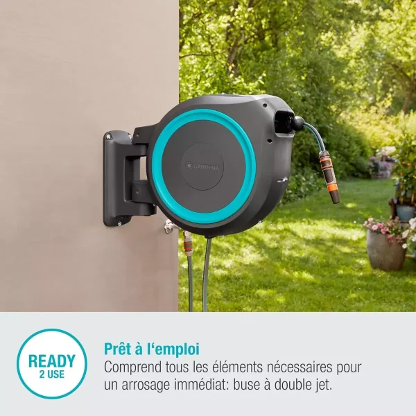Dévidoir automatique mural RollUp M/L 25m – Liseré bleu – GARDENA – 18620-20