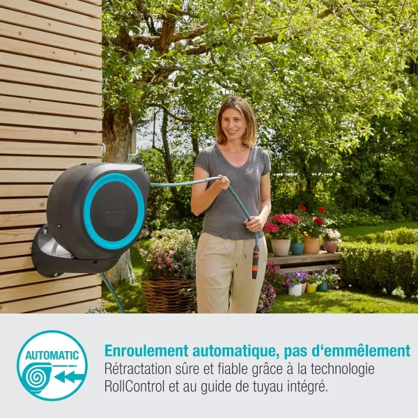 Dévidoir automatique mural RollUp S – 15 m – Bleu turquoise – GARDENA – 18600-20