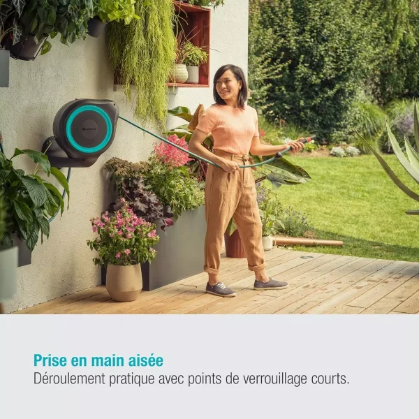 Dévidoir automatique mural RollUp S – 15 m – Bleu turquoise – GARDENA – 18600-20