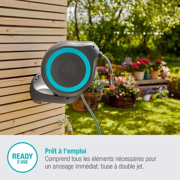 Dévidoir automatique mural RollUp S – 15 m – Bleu turquoise – GARDENA – 18600-20
